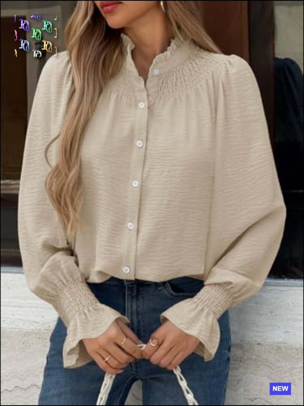 Puff Long Sleeve Button Down Shirt Ruffle Mock Neck Blouse Dressy Casual Loose - Picture 4 of 7